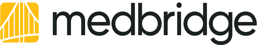 Medbridge logo with black lowercase letters and a yellow-white bridge design.